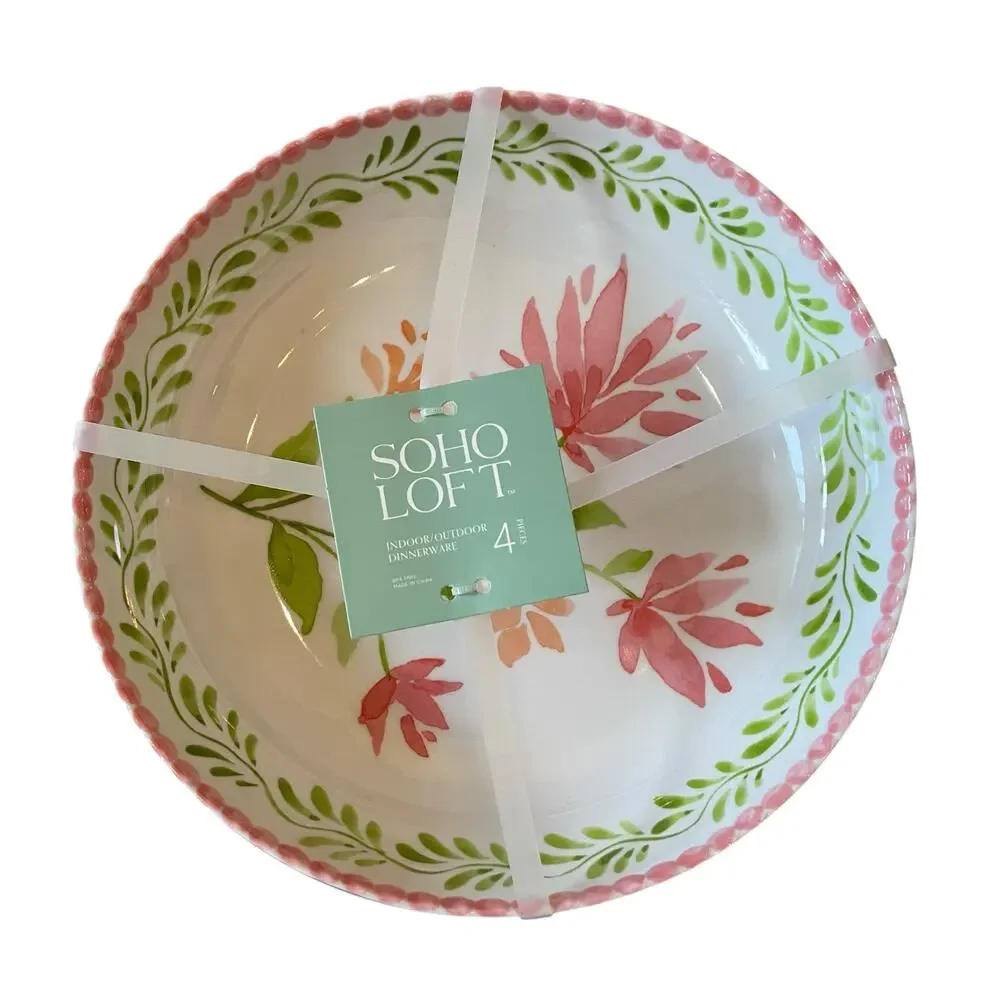 Soho Loft Floral Melamine Bowls 9in Round Pink & Green Set of 4 New